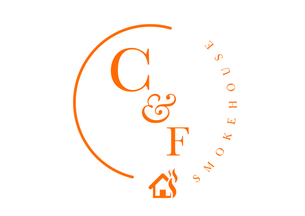 Logo of C & F Smokehouse with stylized 'C' and 'F', and a small house icon on a white background.